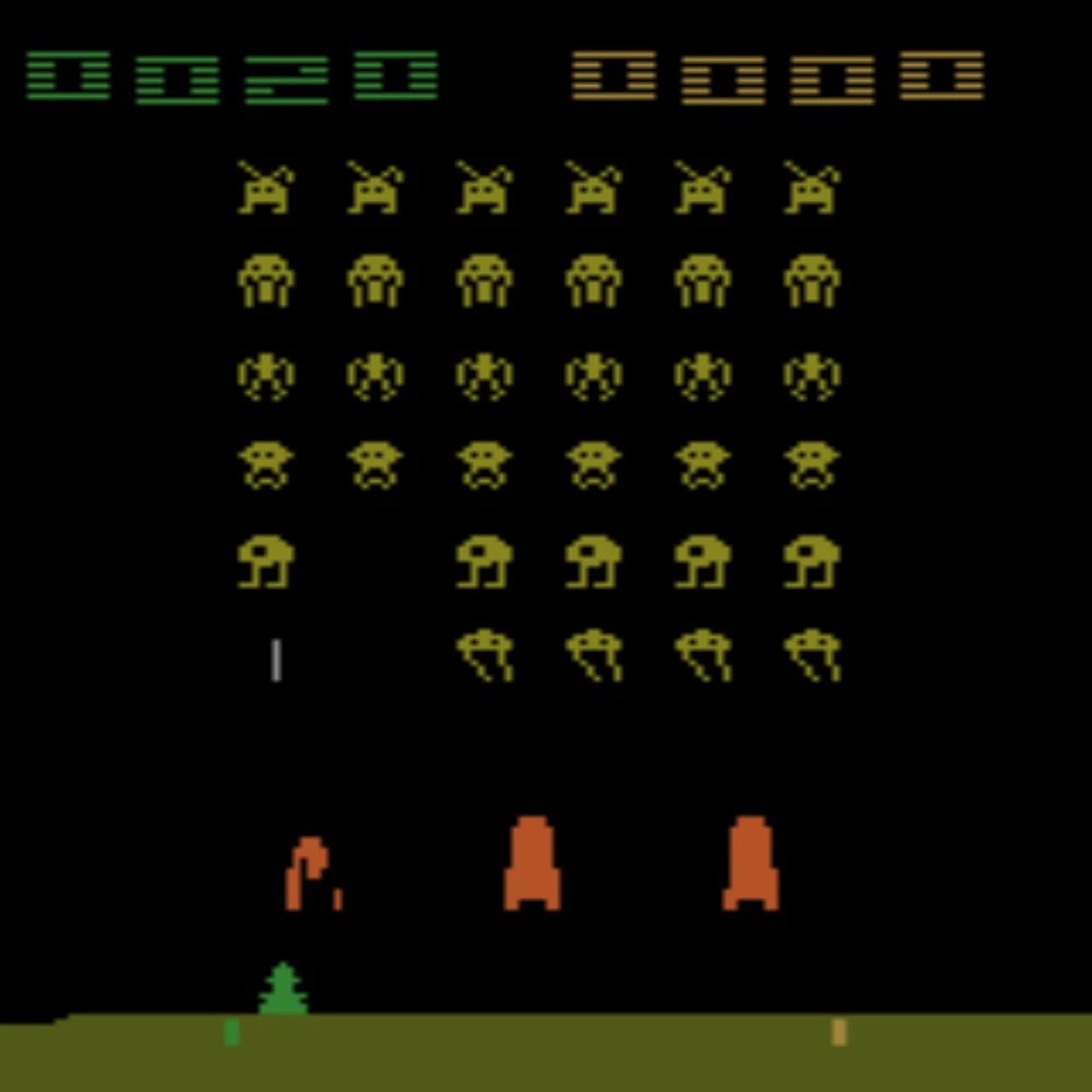 Space Invaders observation with rows of aliens above the player and defensive barriers.