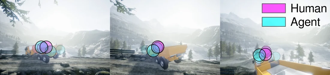 AirSim truck scene with magenta human-gaze and cyan agent-prediction markers.